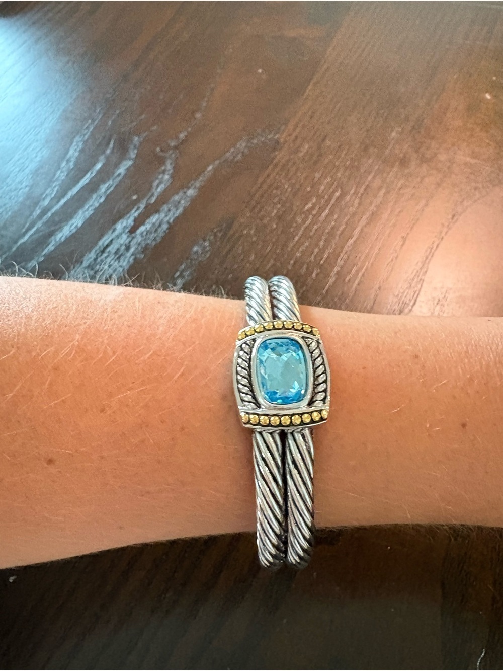 Two-Tone Silver Cable Bracelet with Sky Blue Gem